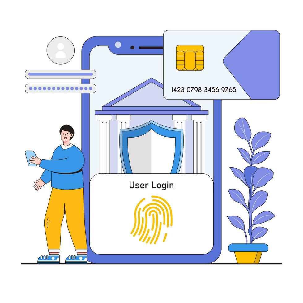 en línea bancario vector ilustración concepto con caracteres. financiero actas, seguro bancario, móvil aplicación seguridad. moderno plano estilo para aterrizaje página, web bandera, infografía, héroe imágenes