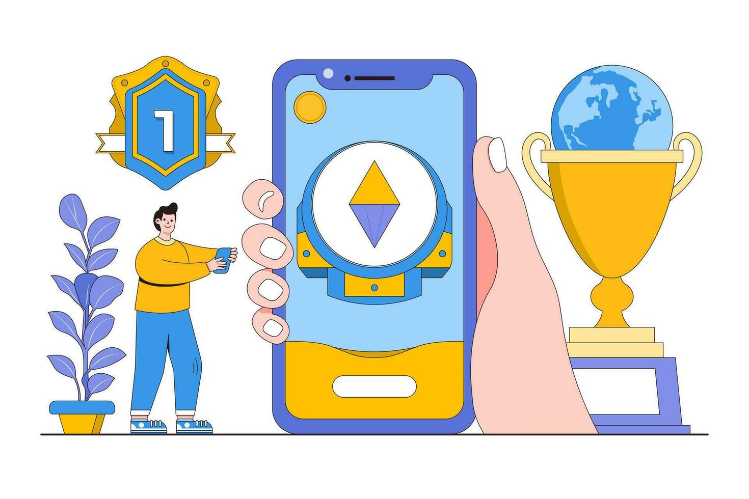 Gamification and Interactive Experiences Concept with Person Playing a Gamified App and Earning Badges vector