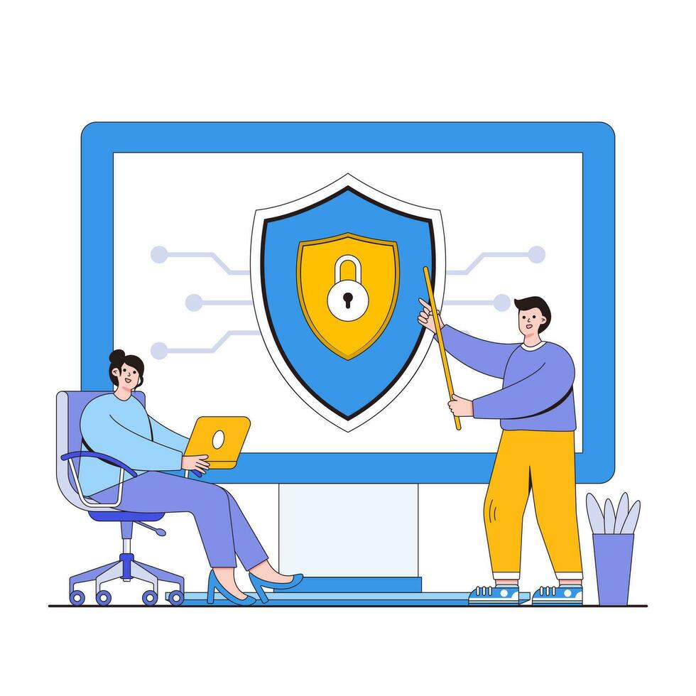 Cybersecurity training vector illustration concept with characters. Employee education, best practices, cybersecurity awareness. Modern flat style for landing page, web banner, infographics