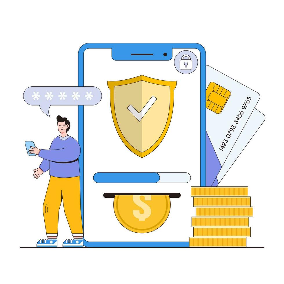 Secure mobile transactions vector illustration concept with characters. Mobile payment security, secure in-app purchases, transaction encryption. Modern flat style for landing page, infographics