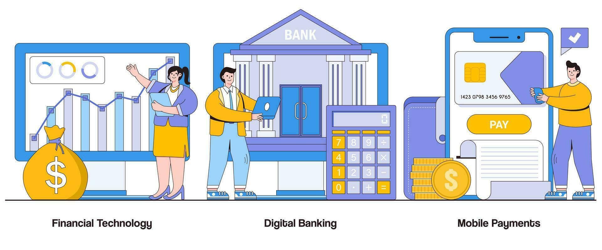 financiero tecnología, digital bancario, móvil pagos concepto con personaje. fintech soluciones resumen vector ilustración colocar. digital transformación, financiero innovación metáfora