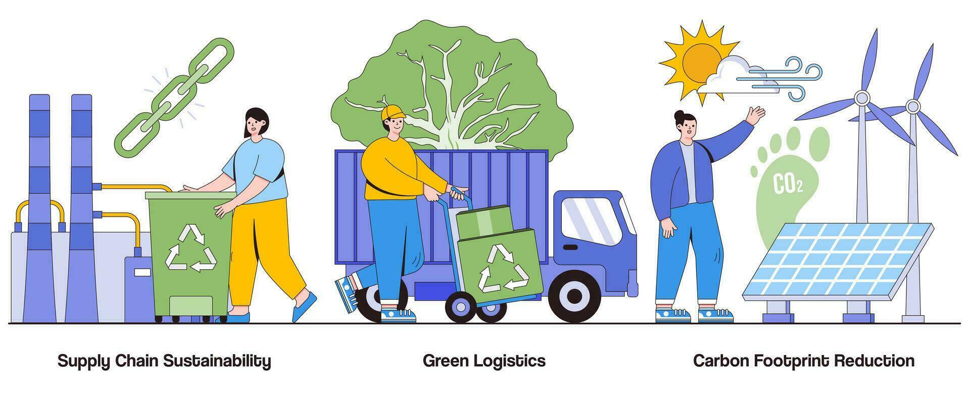 Supply Chain Sustainability, Green Logistics, Carbon Footprint Reduction Concept with Character. Sustainable Supply Chain Abstract Vector Illustration Set. Circular Economy, Eco-Friendly Practices