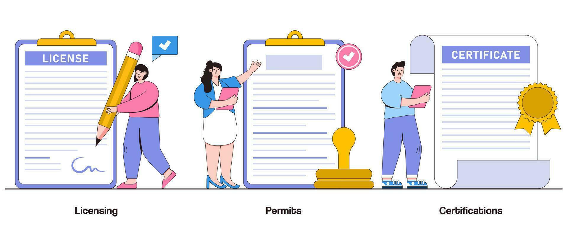 Licencia, permisos, y certificaciones concepto con personaje. regulador conformidad resumen vector ilustración colocar. acreditación, autorización, y industria normas metáfora