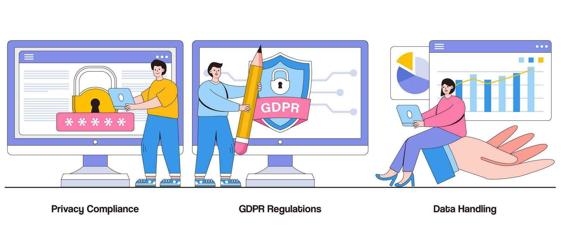 Privacy Compliance, GDPR Regulations, Data Handling Concept with Character. Data Privacy Abstract Vector Illustration Set. Consent Management Metaphor