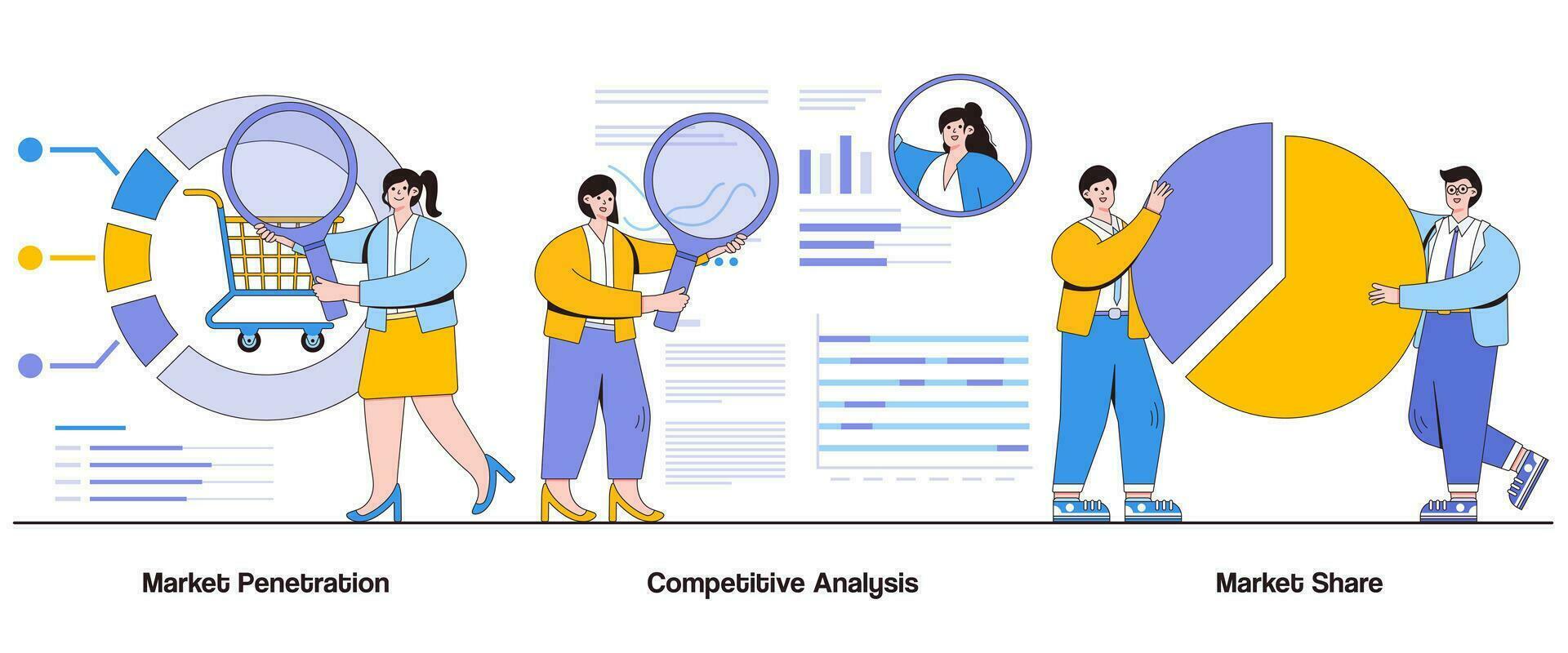 mercado penetración, competitivo análisis, mercado compartir concepto con personaje. mercado dominio resumen vector ilustración colocar. mercado expansión, mercado liderazgo, mercado saturación metáfora