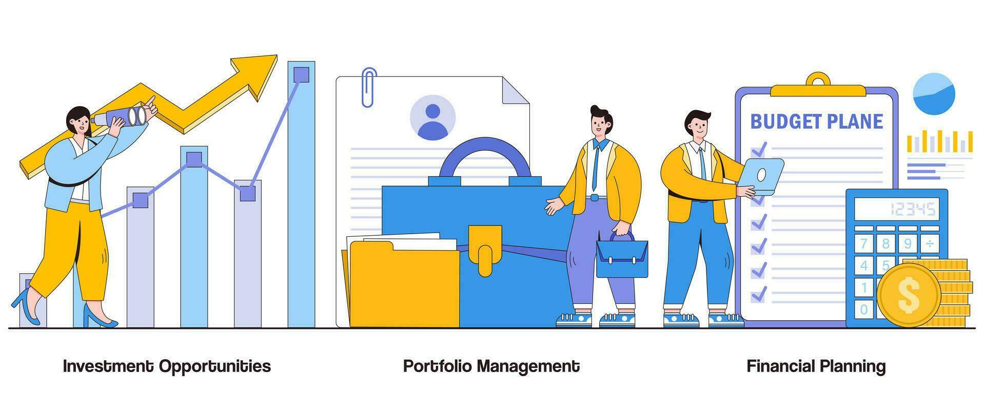 inversión oportunidades, portafolio gestión, financiero planificación concepto con personaje. riqueza administración resumen vector ilustración colocar. activo asignación, riesgo gestión, financiero crecimiento