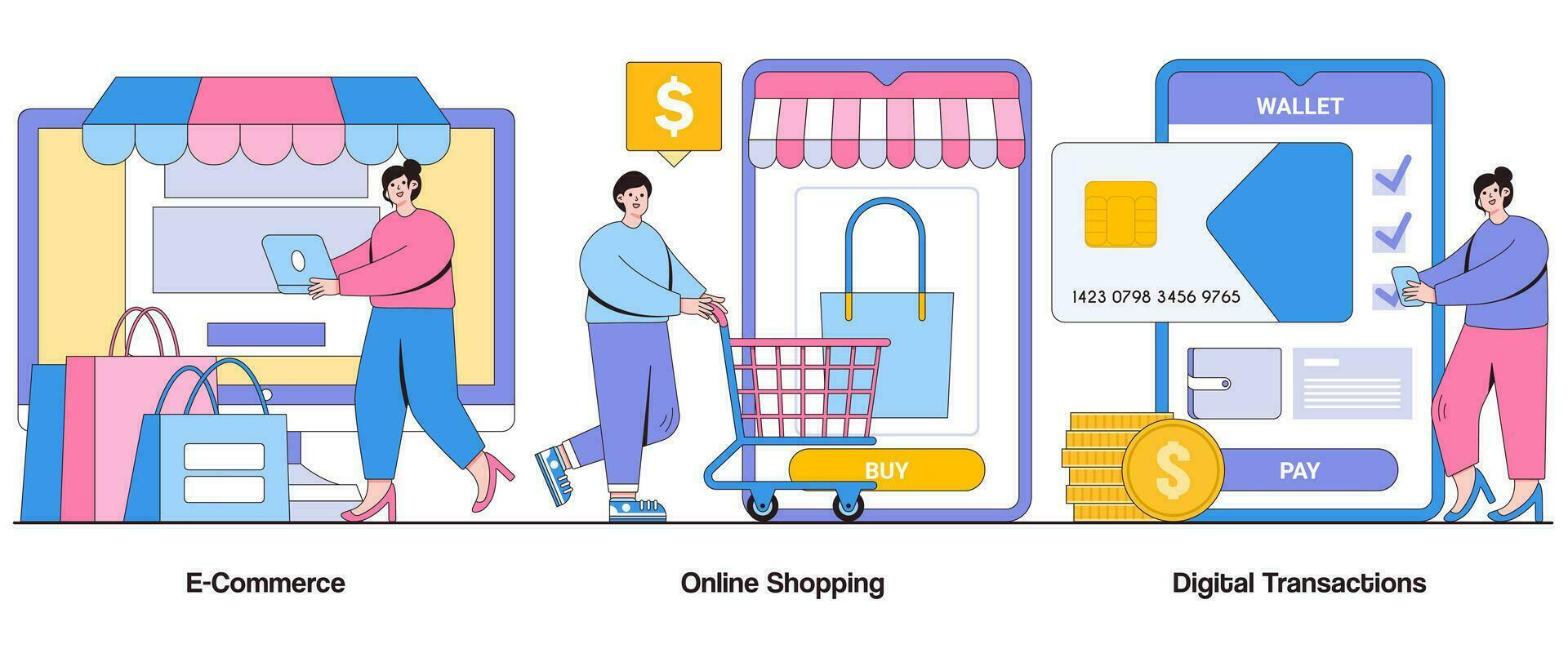 E-Commerce, Online Shopping, Digital Transactions Concept with Character. Cybersecurity Abstract Vector Illustration Set. Data Encryption, Online Privacy, Secure Transactions Metaphor