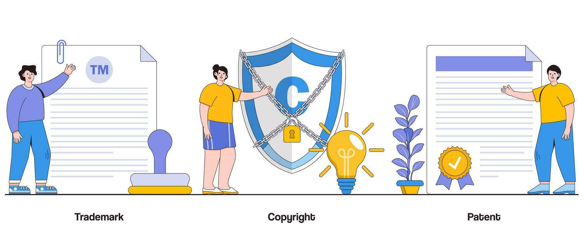 Trademark, Copyright, and Patent Concept with Character. Intellectual Property Abstract Vector Illustration Set. Innovation, Creativity, and Protection Metaphor