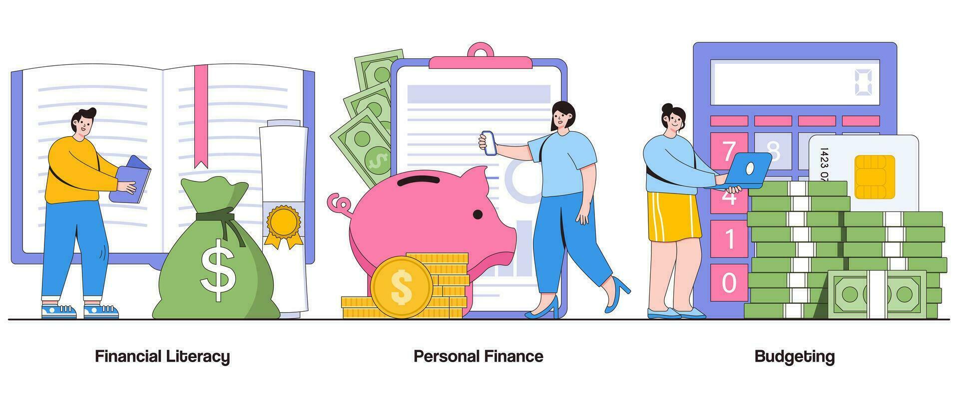 Financial Literacy, Personal Finance, Budgeting Concept with Character. Financial Education Abstract Vector Illustration Set. Money Management, Investment Knowledge, Financial Empowerment Metaphor