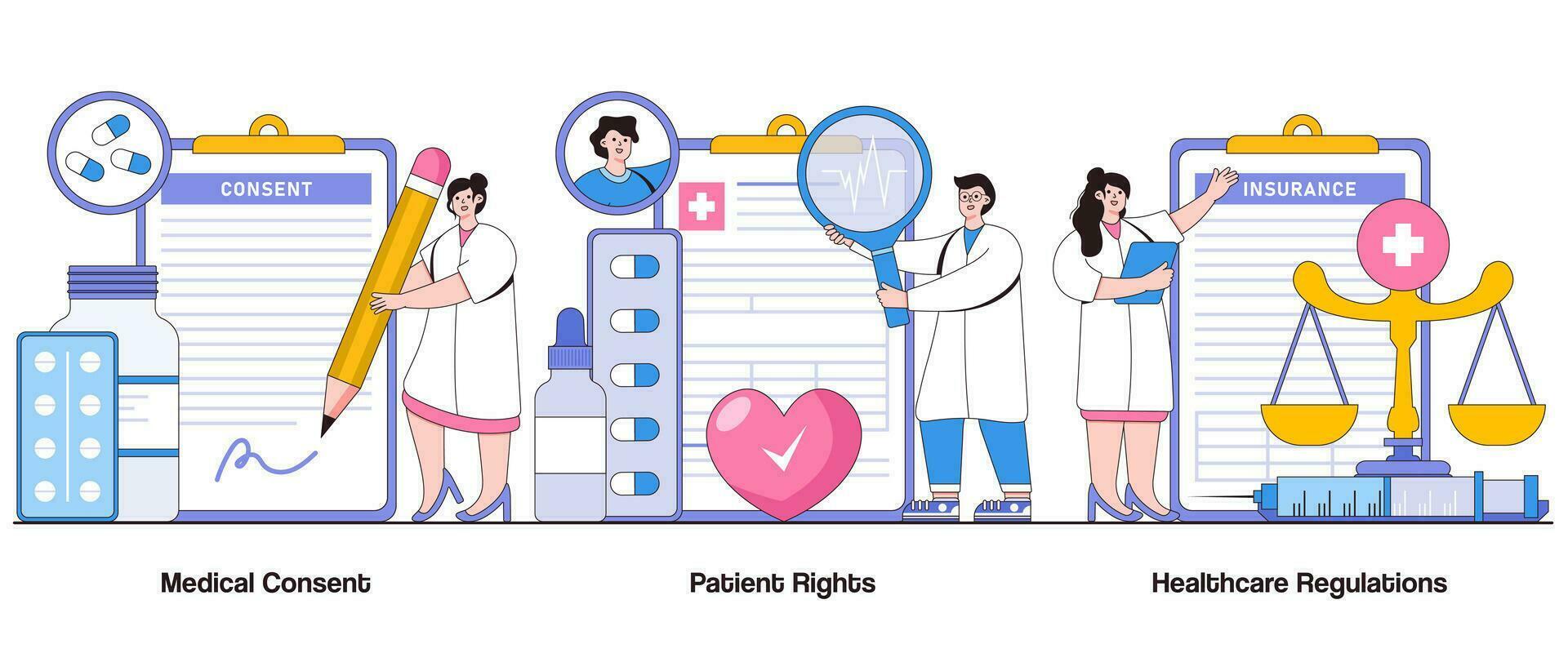 Medical Consent, Patient Rights, and Healthcare Regulations Concept with Character. Medical Ethics Abstract Vector Illustration Set. Informed Consent, Confidentiality Metaphor