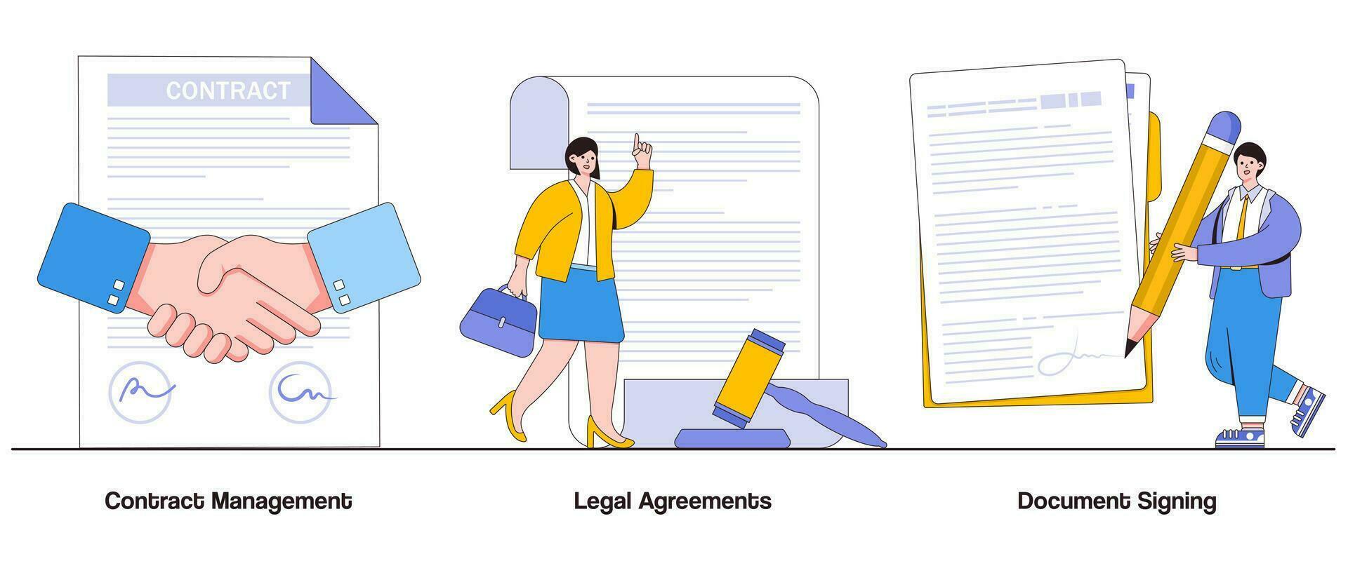 Contract Management, Legal Agreements, Document Signing Concept with Character. Business Contract Abstract Vector Illustration Set. Agreement Validation, Legal Obligations Metaphor