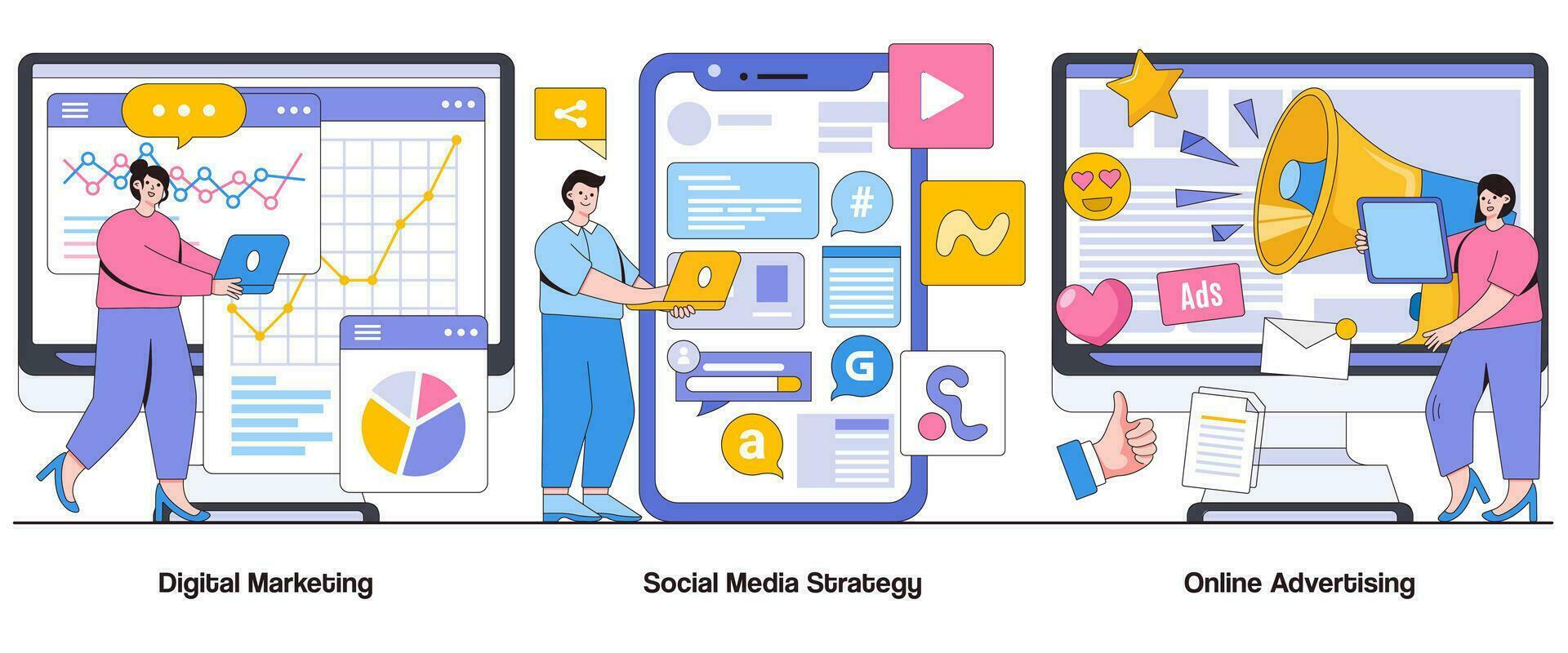 Digital Marketing, Social Media Strategy, Online Advertising Concept with Character. Digital Advertising Abstract Vector Illustration Set. Audience Targeting, Conversion Optimization Metaphor