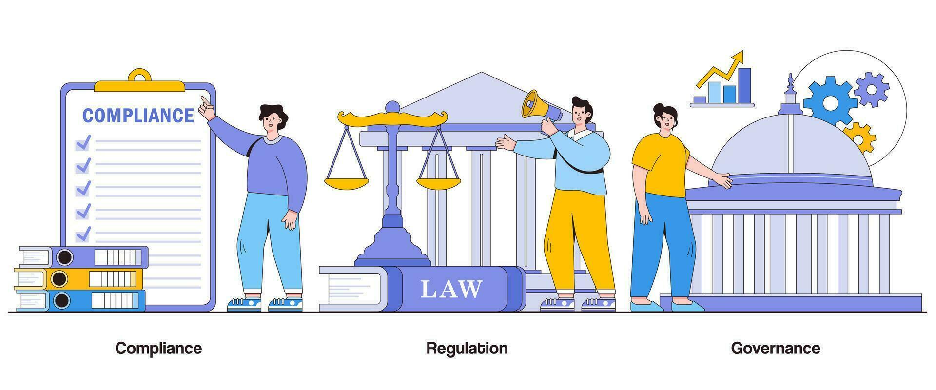 Compliance, Regulation, and Governance Concept with Character. Corporate Compliance Abstract Vector Illustration Set. Ethical Standards, Industry Guidelines, and Legal Obligations Metaphor