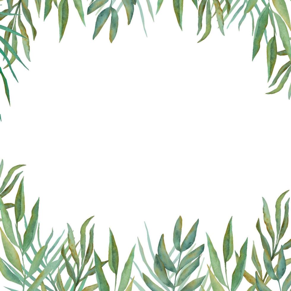 Watercolor frame with green leaves. Watercolor green leaves background design. Watercolor branch, leaves, tropical leaves. Perfect for weddings, invitations, greeting cards, vector