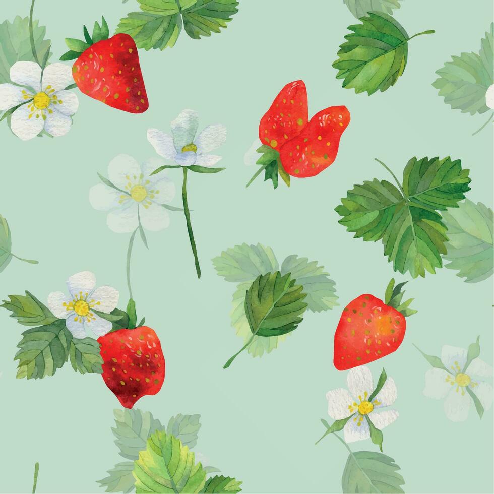 Seamless pattern with strawberries and green leaves. Red strawberry background. A hand-drawn illustration of food. Fruit print. For greetings, logo. Summer sweet and bright fruits and berries. vector