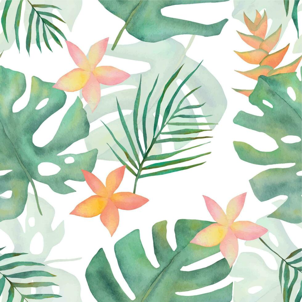 seamless pattern with monstera leaves. Watercolor pattern with tropical flowers. Green seamless background. Watercolor twigs. watercolor floral illustration on a white background. vector