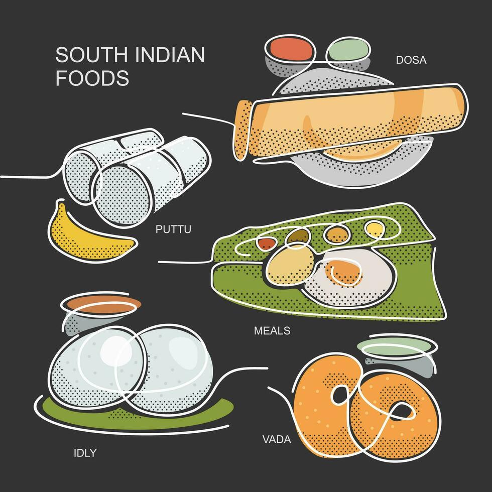 sur indio comidas colección con nombres dosa, puttú, sadia, Idli y medu vada. líneas y puntos ilustración. vector