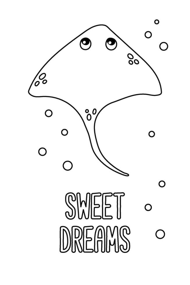 Poster of vector cute cartoon stingray with bubbles and text Sweet dreams in flat style.