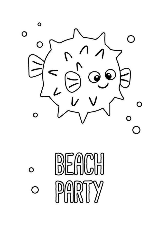 Poster of vector cute cartoon blow fish with bubbles and text Beach party in flat style.