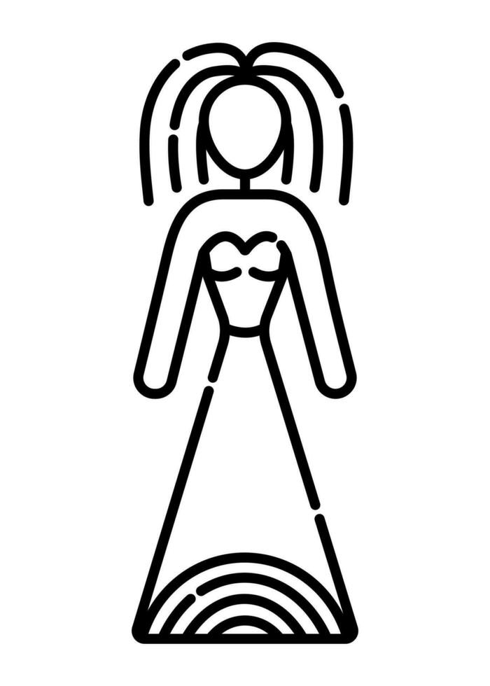 Woman in long dress with rainbow, black line icon vector