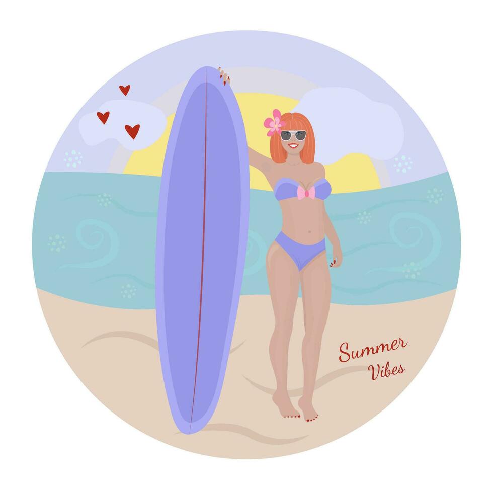 pelirrojo mujer con un plancha de windsurf vistoso ilustración vector
