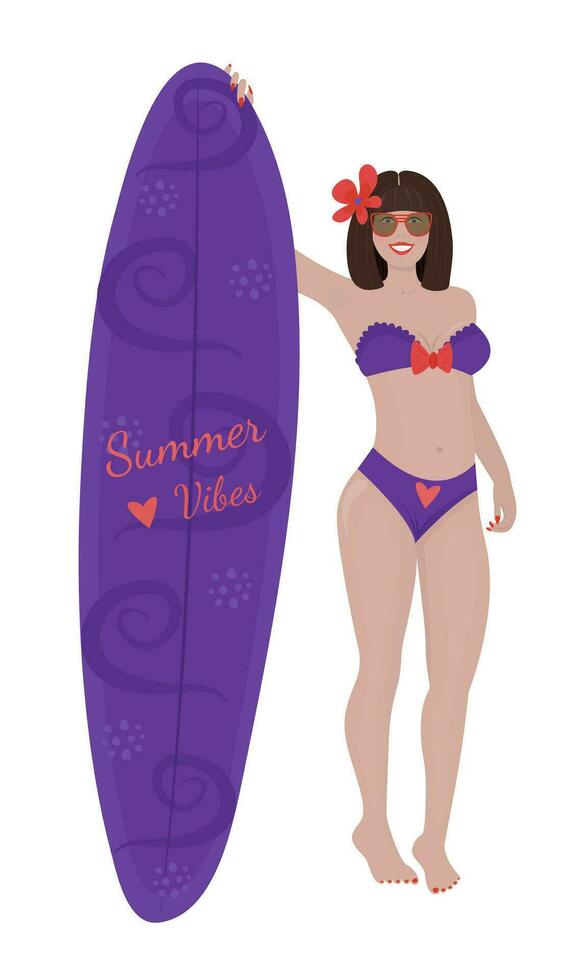 morena mujer con un plancha de windsurf vistoso ilustración vector