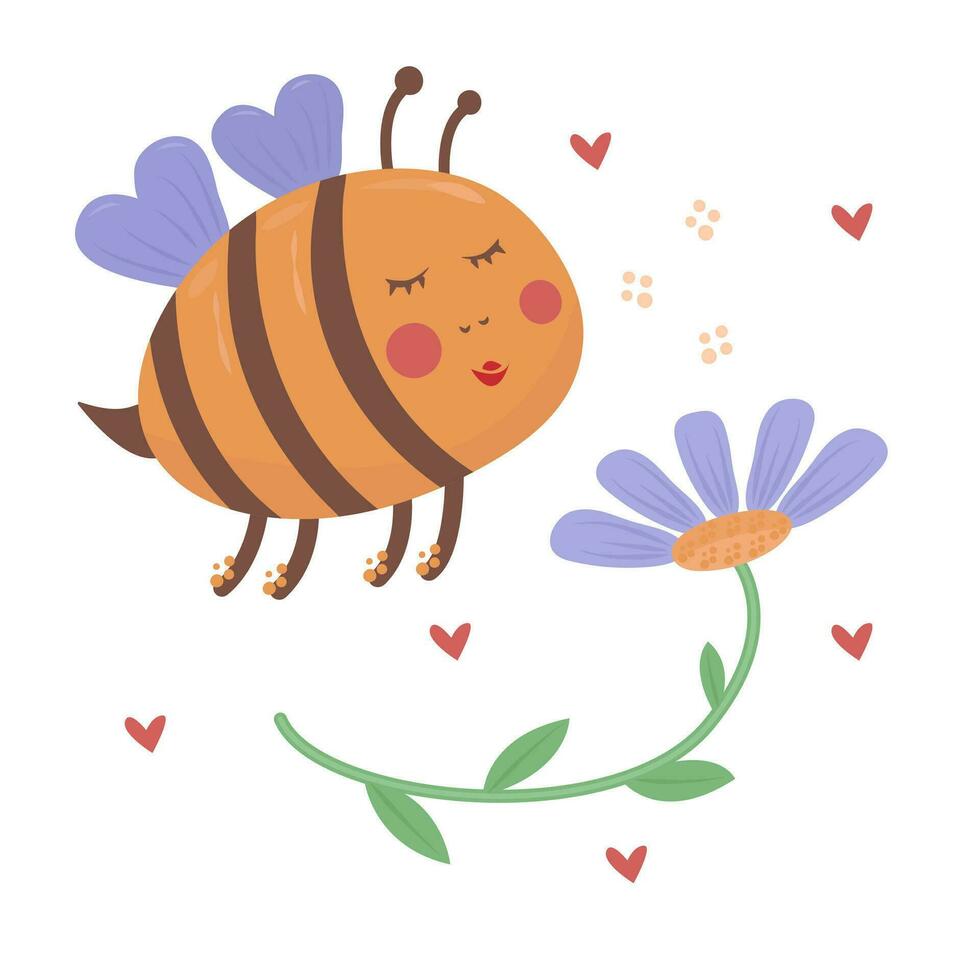 Cute bee and blue flower, love to apiary, beekeeping colorful illustration vector