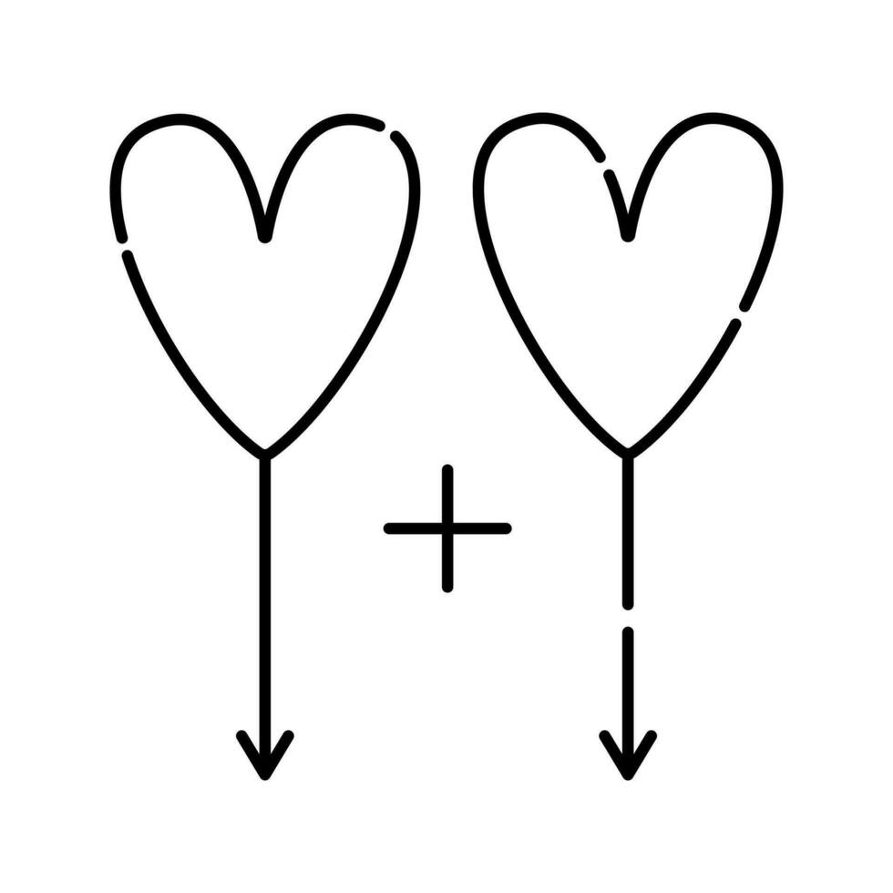 Lesbian sign of two hearts, vector black line icon
