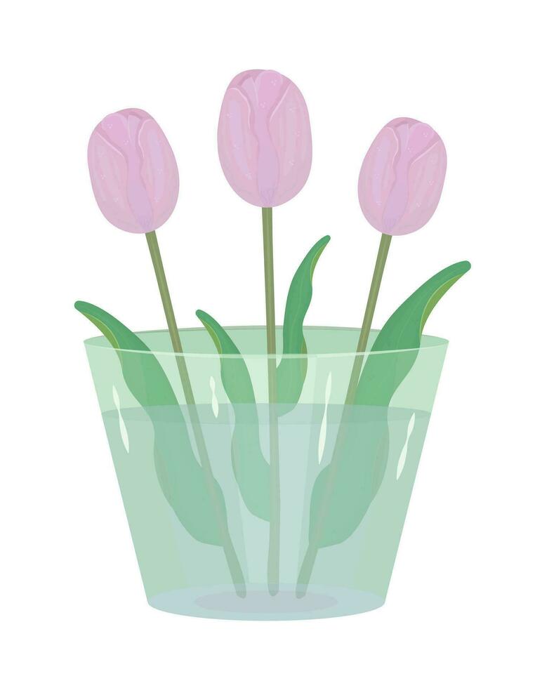 Tres rosado tulipanes en florero, vistoso ilustración vector