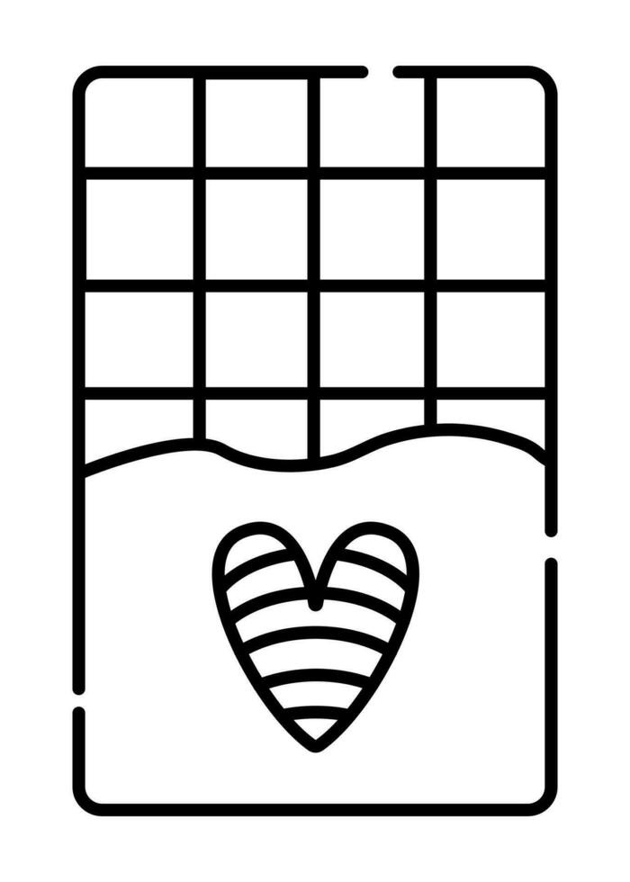 Wrapped chocolate bar with heart, love to chocolate, vector black line icon