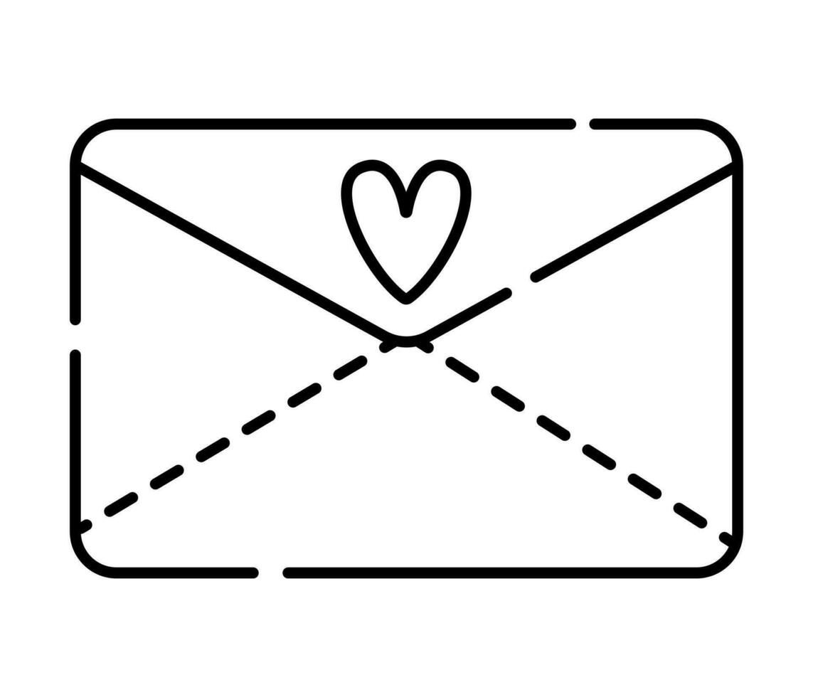 Love letter, closed envelope with heart, vector black line icon