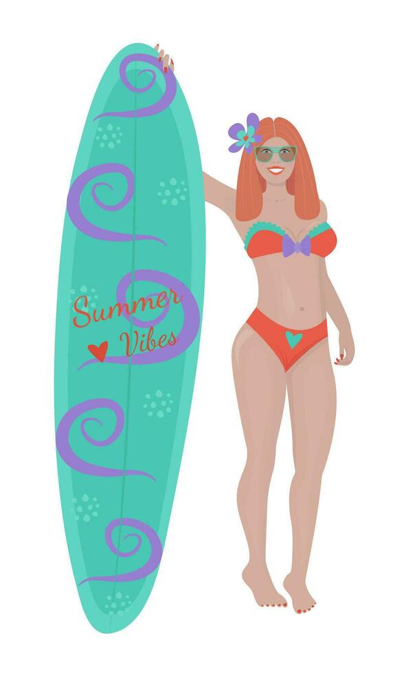 Redhead woman with a sailboard colorful illustration vector