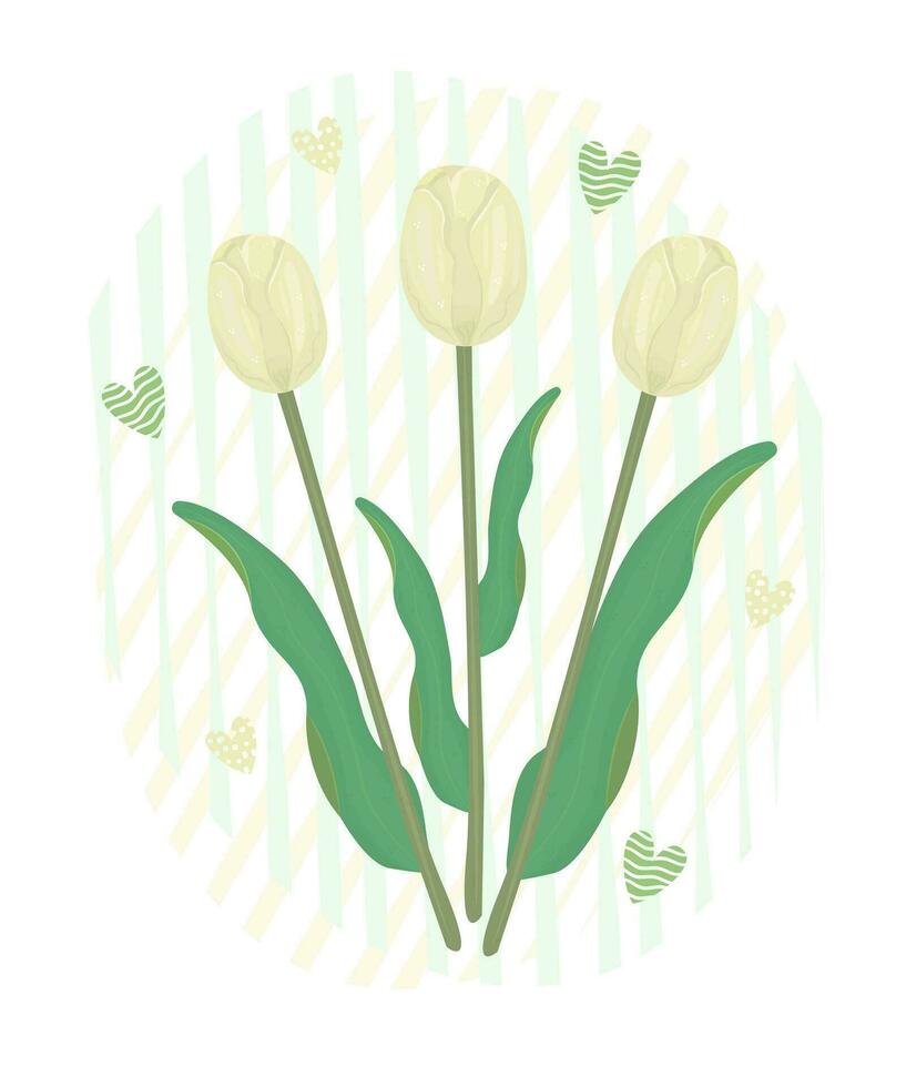 Tres amarillo tulipanes con corazones, vistoso ilustración vector