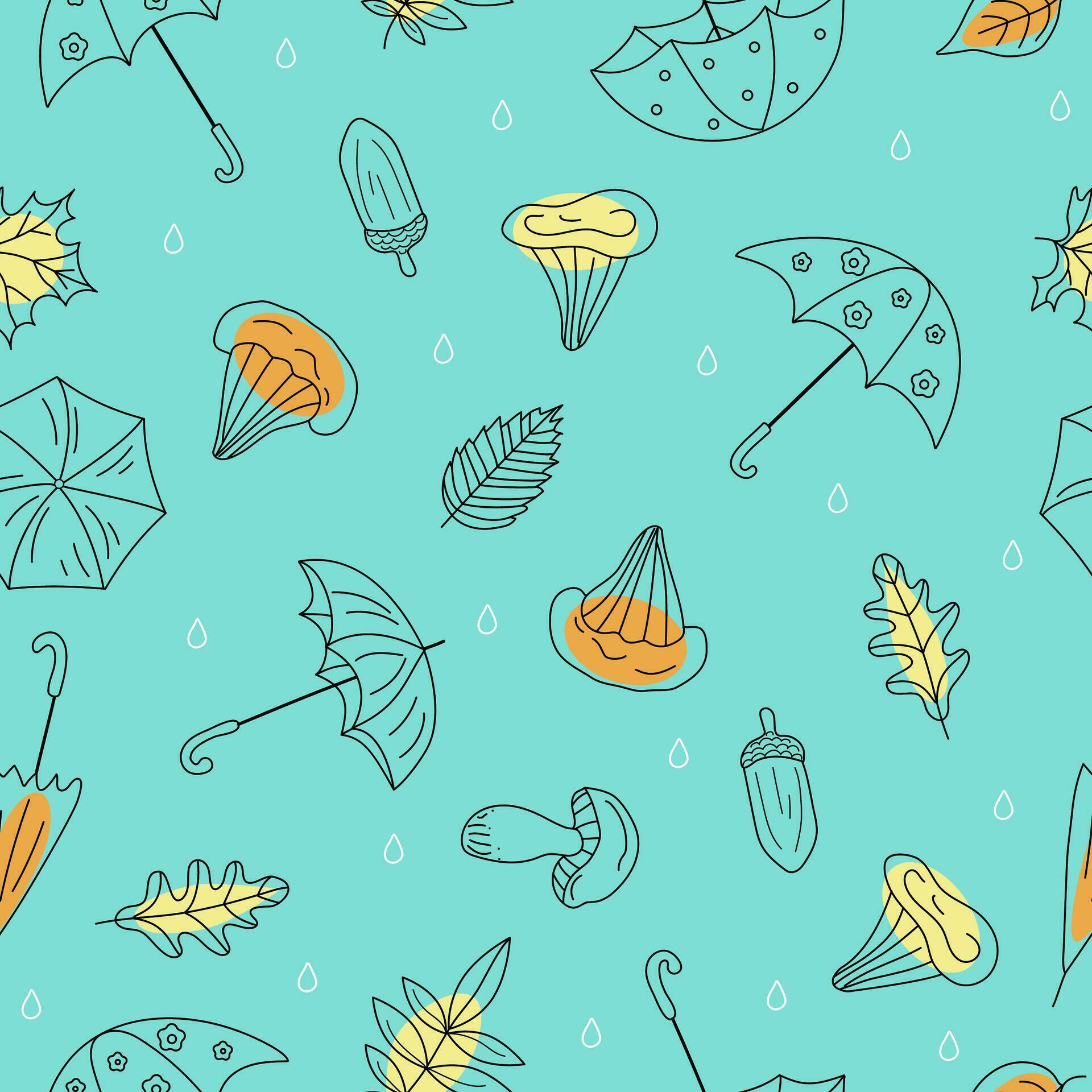 Rain set umbrellas, mushrooms drawings. Vector autumn pattern seamless