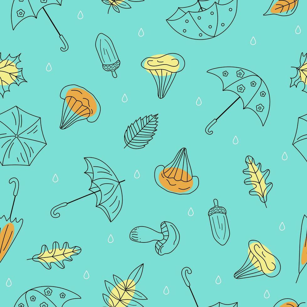 Rain set umbrellas, mushrooms drawings. Vector autumn pattern seamless. Mushrooms, leaves, rainy season.  Background isolated.