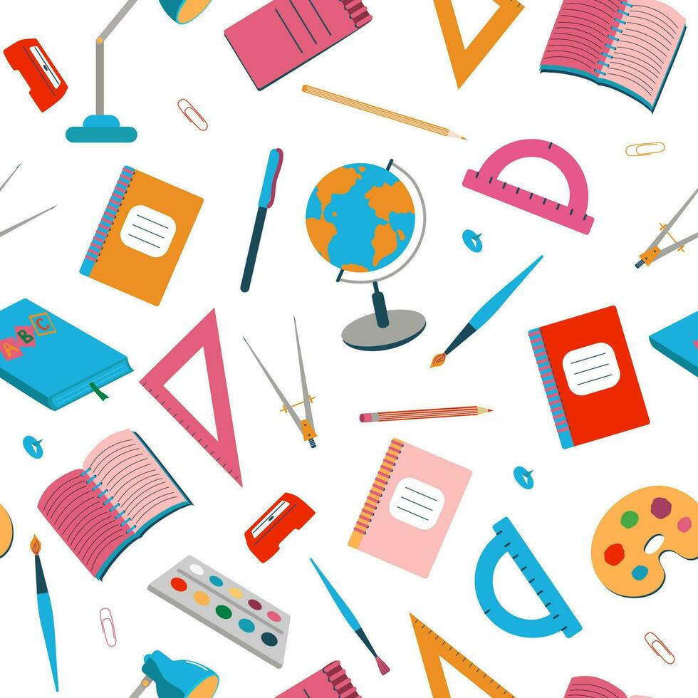 Pattern seamless stationery. Set, a collection of accessories for study and office work. School supplies. Drawing, learning. Vector background.