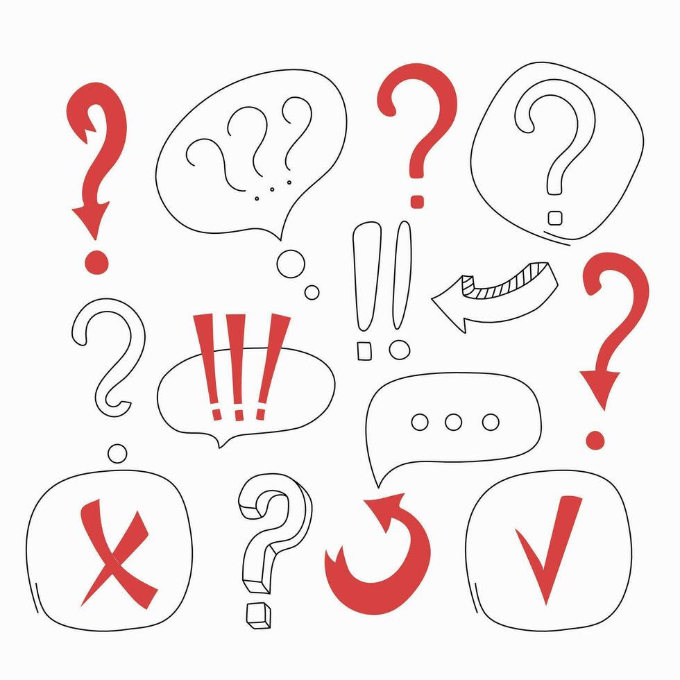 Vector icons, punctuation. Exclamation mark and question mark. Arrows, doodle, outline drawings. Vector illustration on white isolated background.