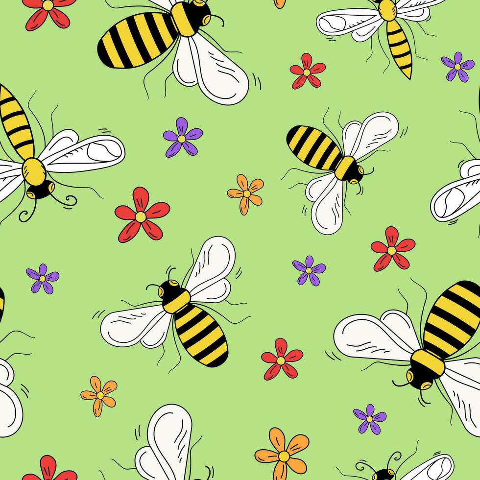 Pattern  cartoon bees. Bees, wasps insects and flowers drawings. Vector  Background color isolated.