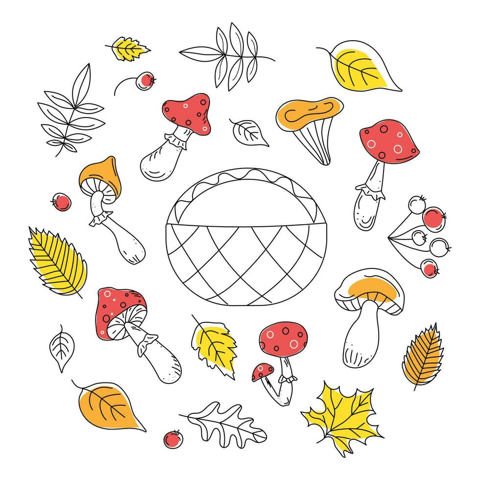 Set Autumn icons, doodle. Contour Drawing Basket, mushrooms, leaves and berries.  Vector illustration on white isolated background.