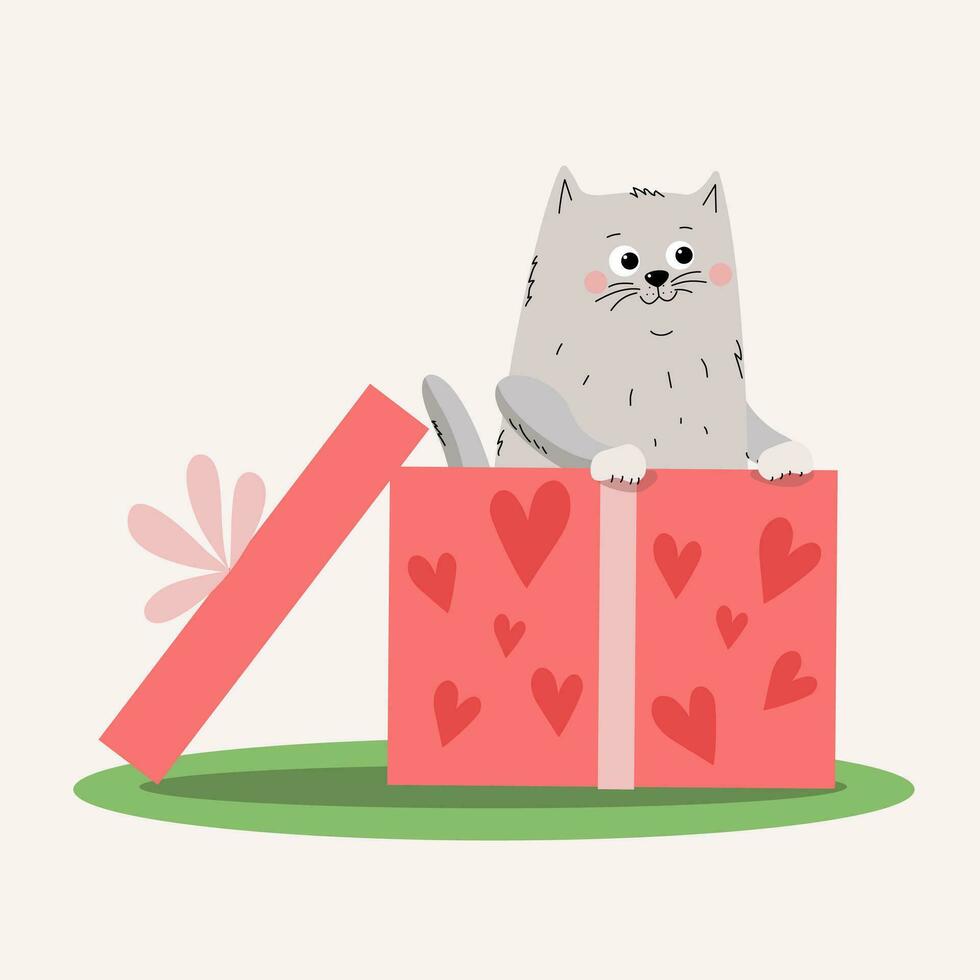 dibujos animados gato con regalo caja. fiesta tarjeta diseño. cumpleaños saludos, San Valentín día, boda. vector ilustración, aislado antecedentes.