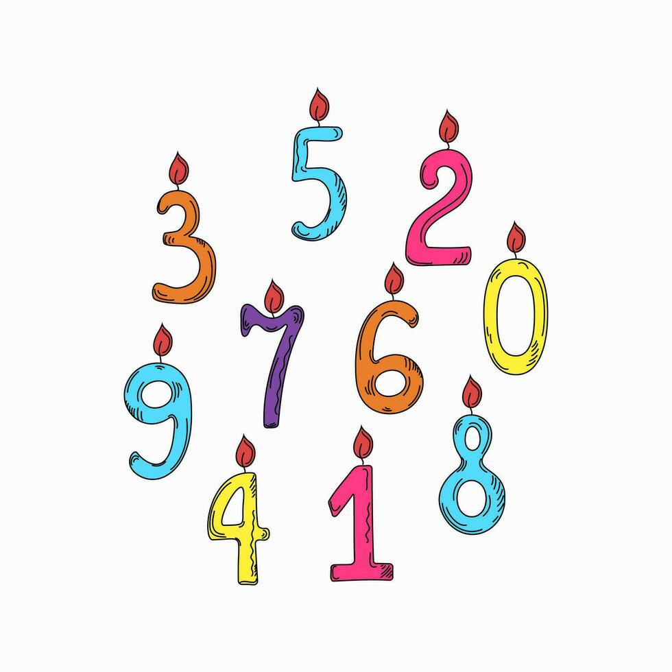 Candles burning for the cake. Figures, dates. Birthday, holiday decorations. Doodle, vector illustration. Background white isolated.