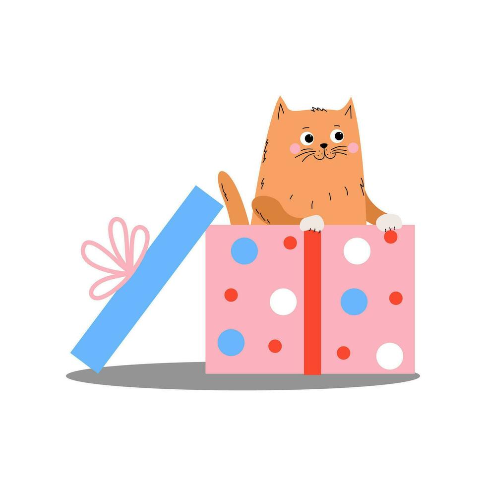 A cat in a gift box. Holiday card design. Birthday greetings, Valentine's Day, wedding.  Vector illustration, isolated background.