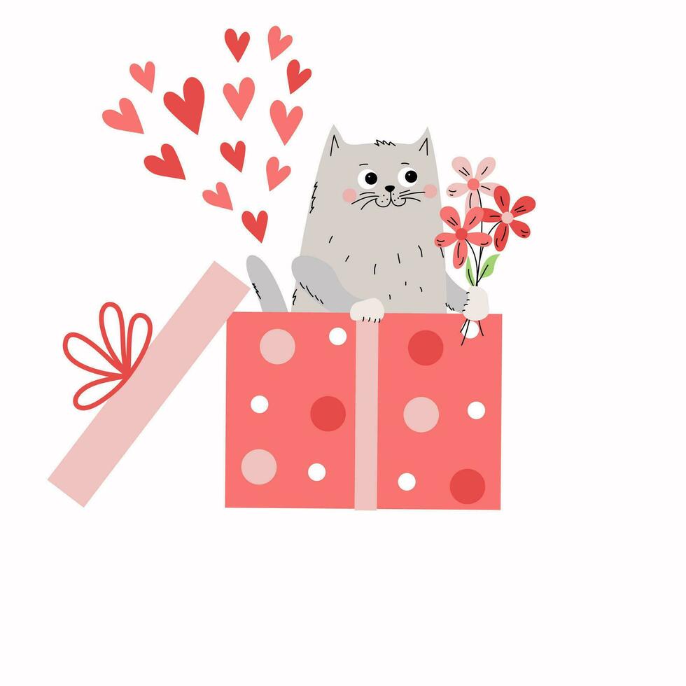 Cat in a gift box with a bouquet of flowers. Heart shape. Festive card design. Birthday greetings, Valentine's Day, wedding.  Vector illustration, isolated background.