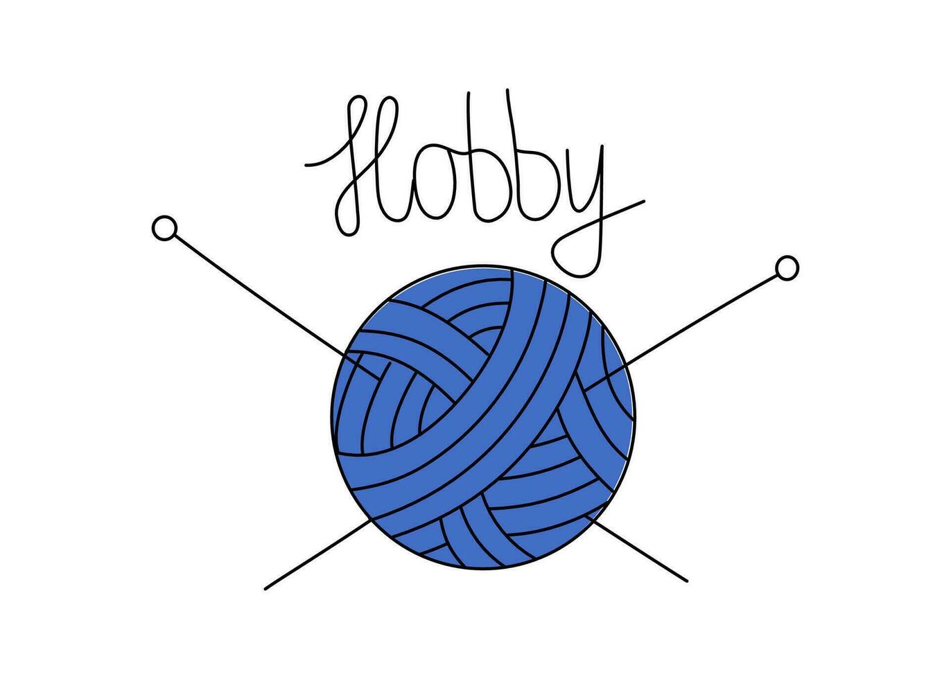 Yarn ball and knitting needles. Badge, icon, logo.  Hobby, handicraft, needlework. Lettering, calligraphy. Doodle outline drawing.  Vector graphics, isolated backgrounds.