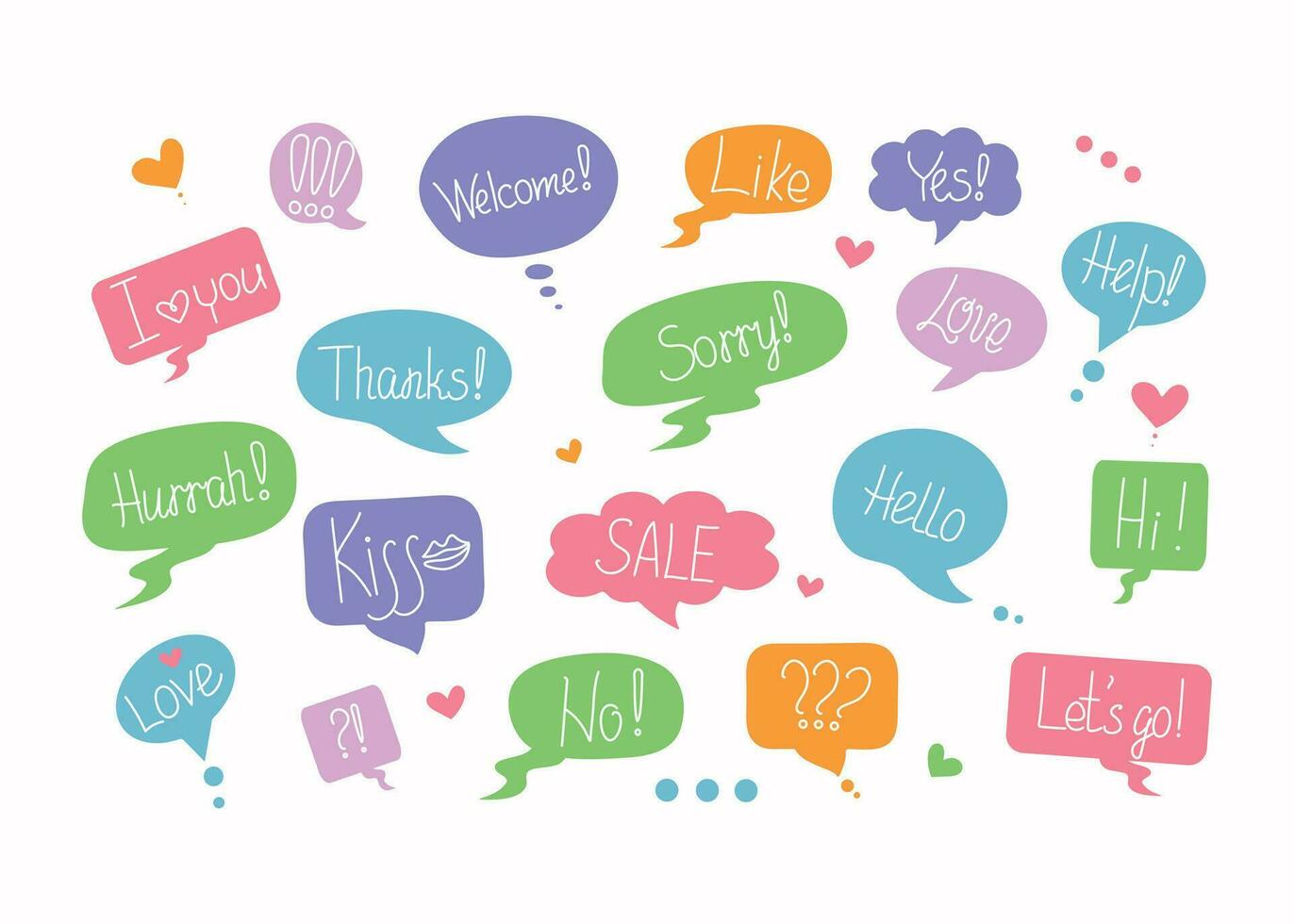 Short phrases in speech bubbles. Calligraphy, lettering. Multicolored clouds and text. Vector illustration on white isolated background.