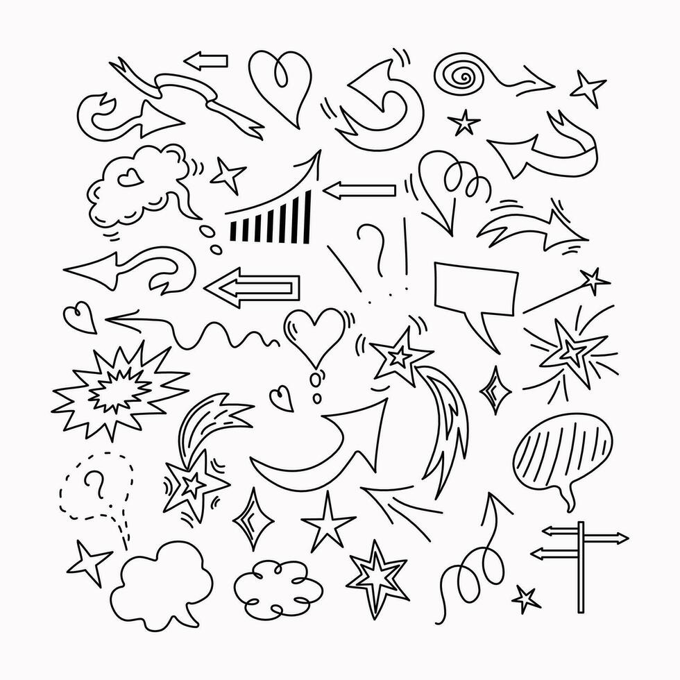 Vector doodle elements set. Arrows, stars, speech bubbles, clouds, hearts, doodle  style signs. Outline drawings, sketch.  Vector illustration on isolated background.