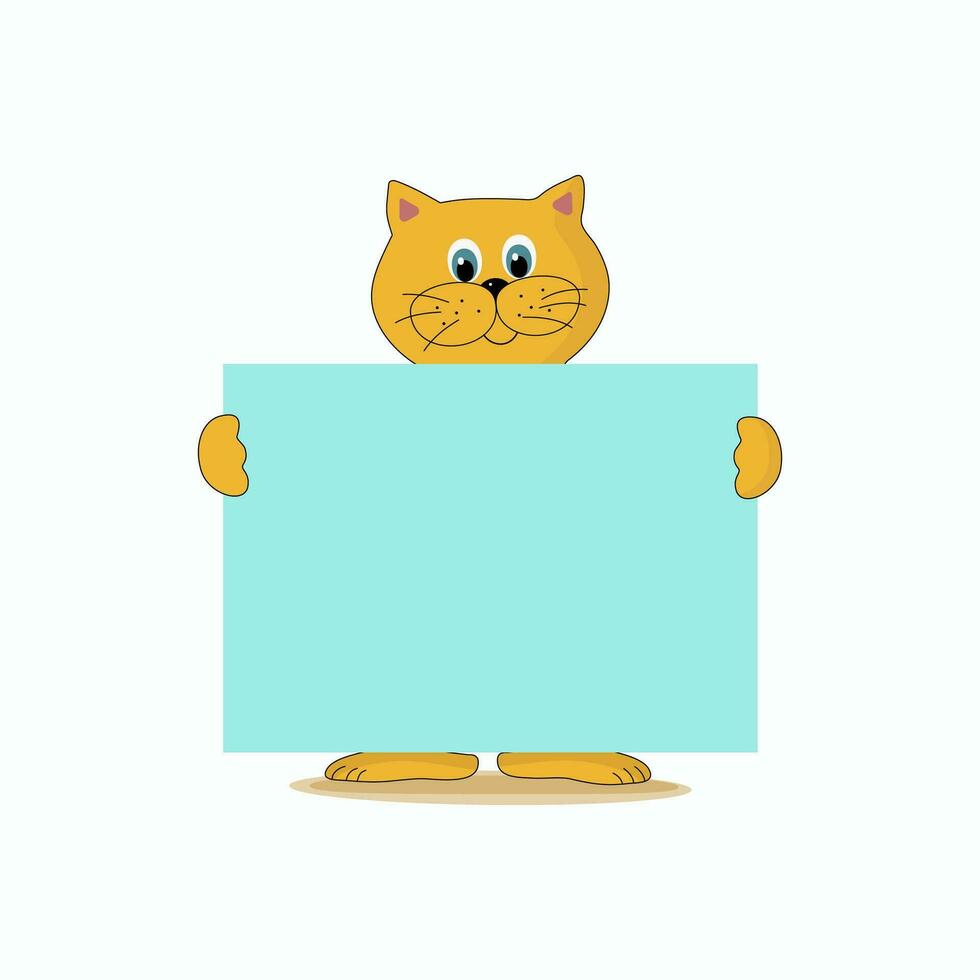 Cartoon cat holding a poster, banner. Space for text. Concepts Animal protection , Goods for pets. Vector graphic, background isolated.