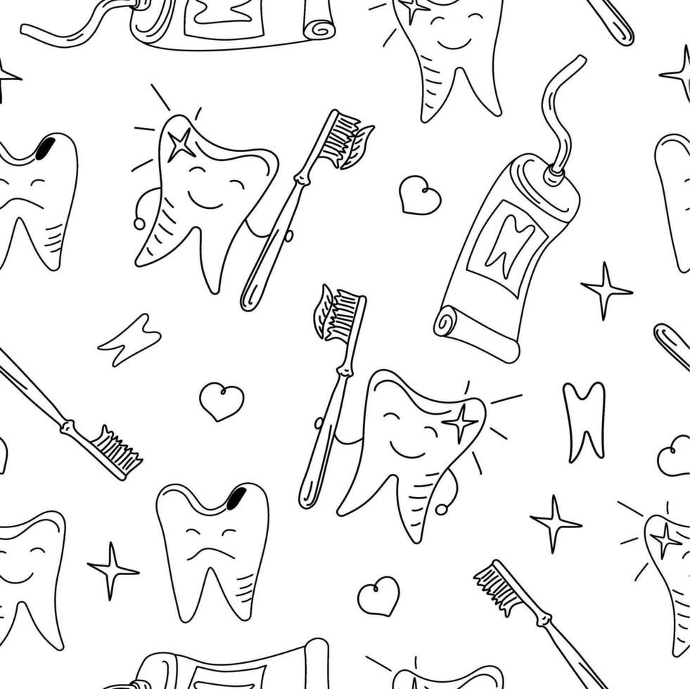 Pattern Healthy, Happy Teeth. Drawing outline. Toothbrush and toothpaste. Tooth with a smile. Dentistry. A shiny white tooth holding an umbrella. Protection from germs and cavities. Doodle style. vector