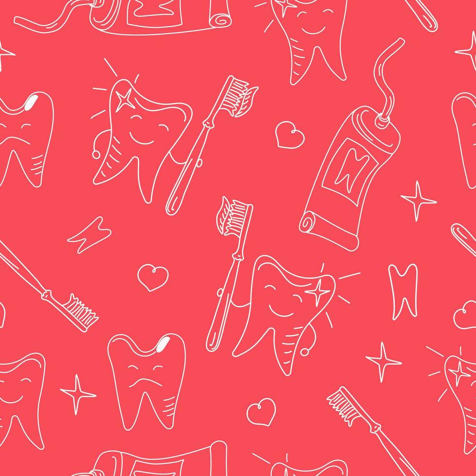 Teeth cleaning pattern. Cartoon dental badges. Teeth, brushes, toothpaste, hearts in doodle style. Happy healthy teeth and sick teeth. Seamless vector background.