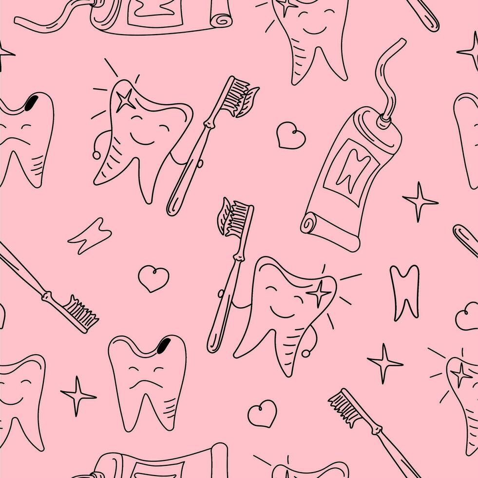 Teeth cleaning. Teeth, Brushes, Germs, Health Protection , Dental Care. Pattern Seamless. Drawings , sketch. Vector background.